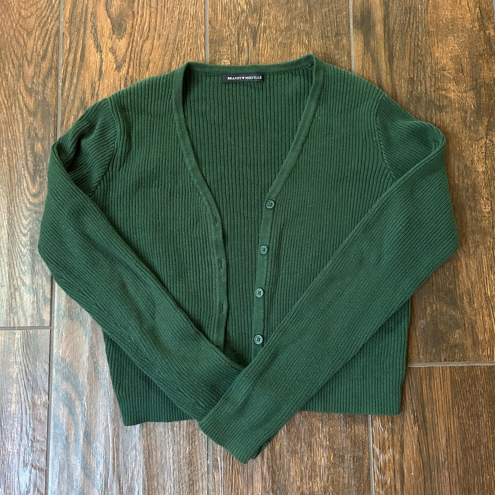 Brandy Melville Dark Green Ribbed V-Neck Cardigan